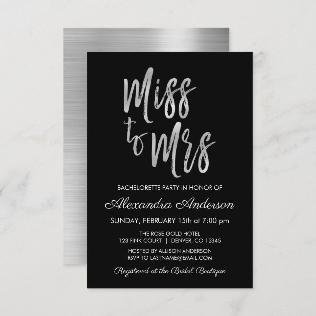 Miss to Mrs Silver Bachelorette Party Invitation (Front/Back)