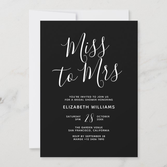 Miss To Mrs Simple Modern Black Bridal Shower Invitation (Front)