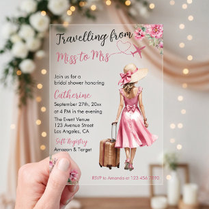 Miss To Mrs Travel Pink Bow Dress Bridal Shower Acrylic Invitations