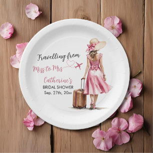 Miss To Mrs Travel Pink Bow Dress Bridal Shower Paper Plate