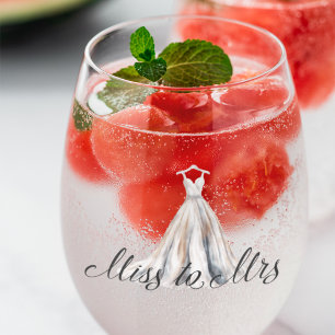 Miss to Mrs Watercolor Wedding Day Dress Stemless Wine Glass