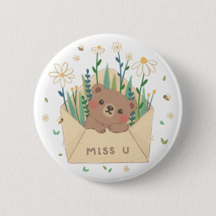 MISS U: Teddy Bear & Flowers in Envelope 6 Cm Round Badge