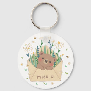 MISS U: Teddy Bear & Flowers in Envelope Key Ring
