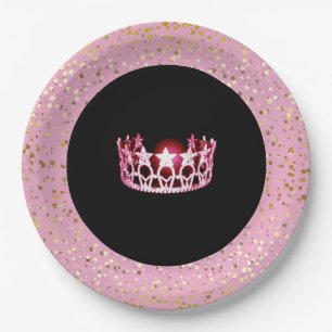 Miss USA Crown Paper Plates-Golden Stars PInk Plate