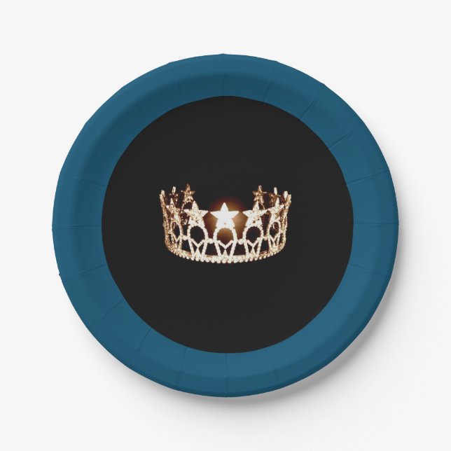 Miss USA style Teal & Gold Crown 7" Paper Plates (Front)