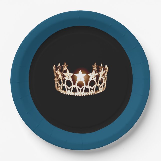 Miss USA style Teal & Gold Crown 9" Paper Plates (Front)
