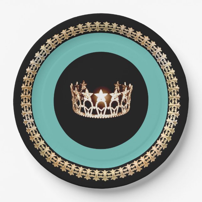 Miss USA style Turquoise Crown 9" Paper Plates (Front)