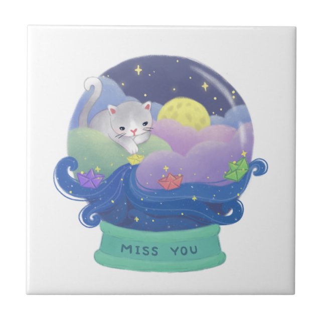 Miss You: Cat & Paper Boats Ceramic Tile (Front)