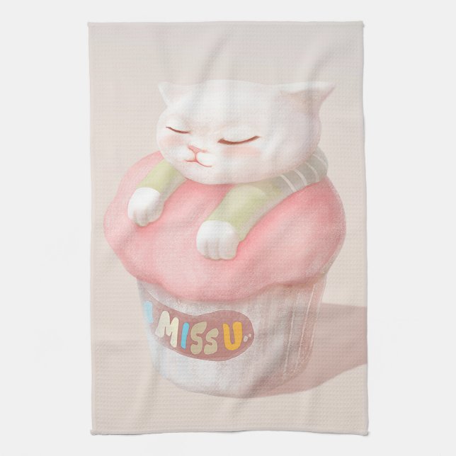 Miss You Cupcake Illustration Tea Towel (Vertical)