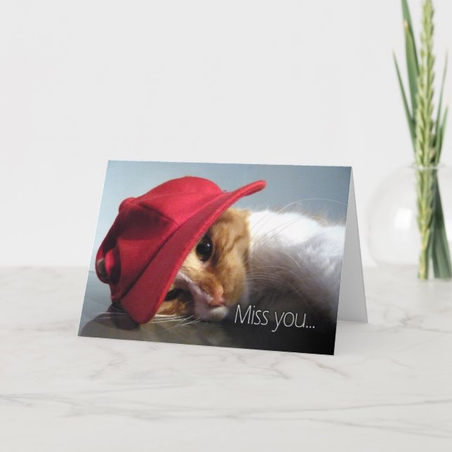 Miss You - Cute Cat Wearing Red Cap Card (Front)