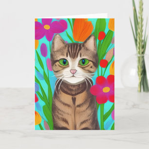 Miss You Cute Grey Cat with Colourful Flowers Card