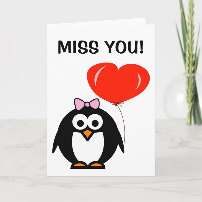 Miss you greeting card | penguin with red balloon (Front)