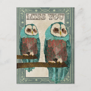 Miss You Vintage Azure Owl Postcard