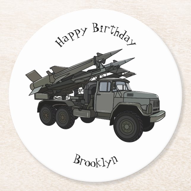 Missile vehicle cartoon illustration round paper coaster (Front)
