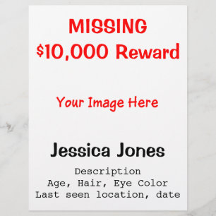 Missing Person Custom Photo Reward Red Black Flyer