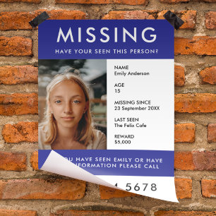 Missing Person   Modern Blue Photo Poster Flyer