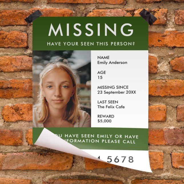 Missing Person | Modern Green Photo Poster Flyer (Creator Uploaded)
