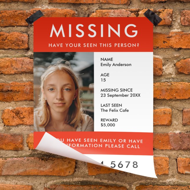 Missing Person | Modern Red Photo Poster Flyer (Creator Uploaded)