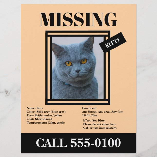 Missing Pet Flyer Custom Photo, Info (Front)