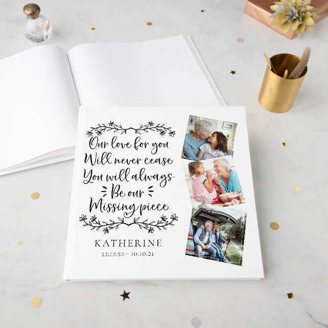 Missing Piece Calligraphy Photo Memorial Funeral  Guest Book (Front Open)