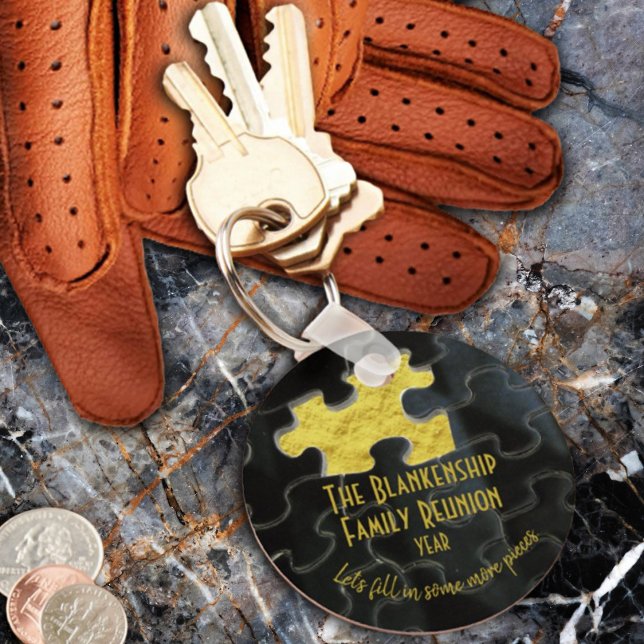 Missing Puzzle Piece Black Gold Family Reunion Key Ring (Send the relatives home with a useful custom keepsake keyring of the recent family reunion.)