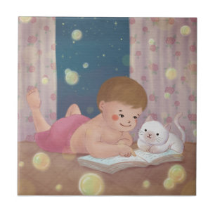 Missing You: Boy & Cat Illustration Ceramic Tile