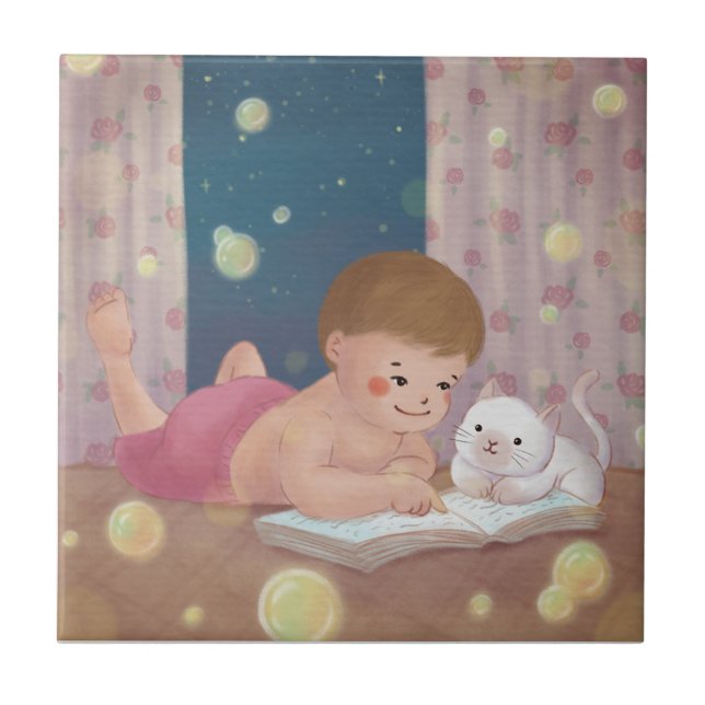 Missing You: Boy & Cat Illustration Ceramic Tile (Front)
