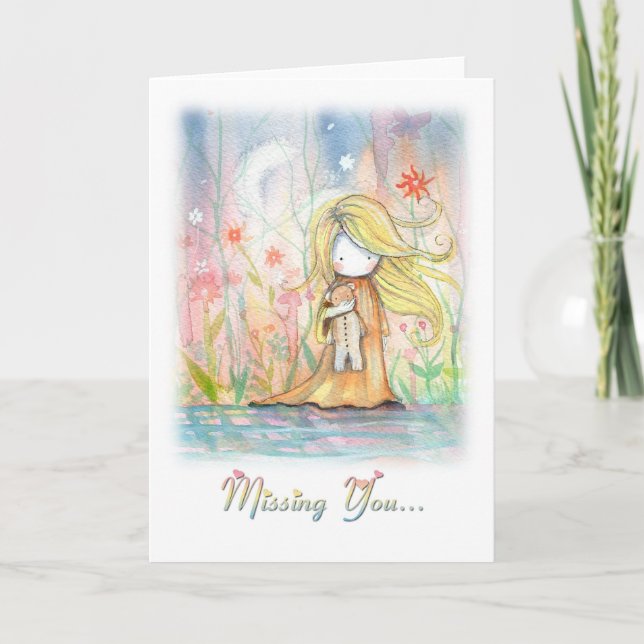 Missing You Card Little Girl with Teddy Bear (Front)