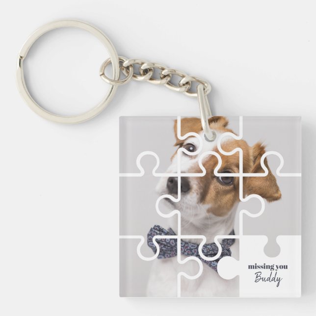 Missing You Modern Puzzle Family Pet Photo Name Key Ring (Front)