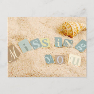 Missing you on the sand with seashell postcard