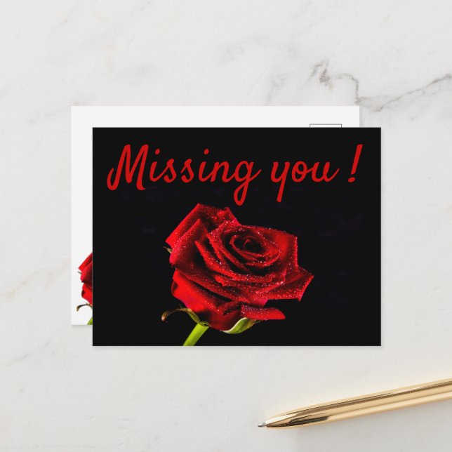 Missing you romantic red rose postcard (Front/Back In Situ)