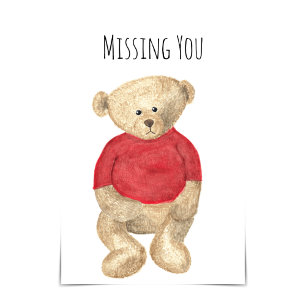 "Missing You" Sad Teddy Bear With Red Sweater Card