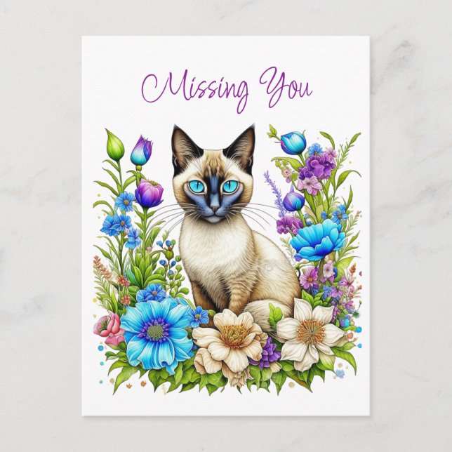 Missing You | Watercolor Siamese Cat in Flowers  Postcard (Front)