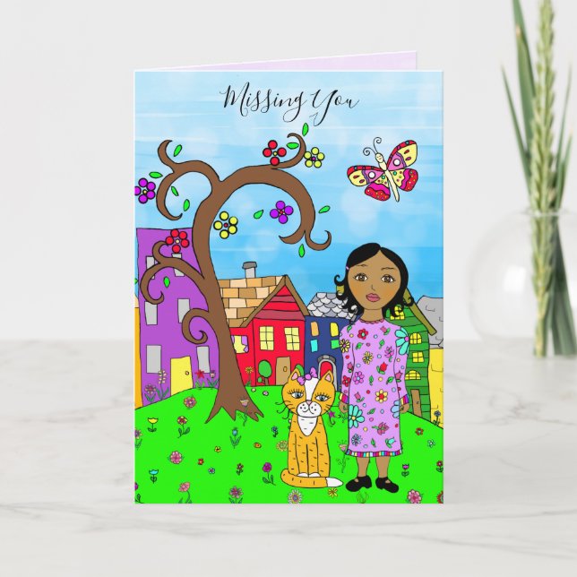 Missing You, Whimsical Lady and Cat Friendship Card (Front)
