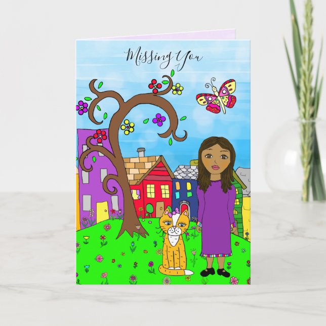 Missing You, Whimsical Lady and Cat Friendship Card (Front)