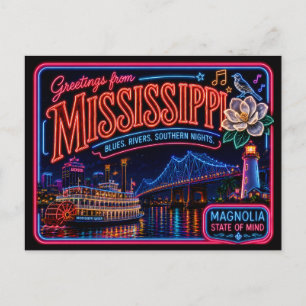 Mississippi Neon State Retro Vintage Postcard