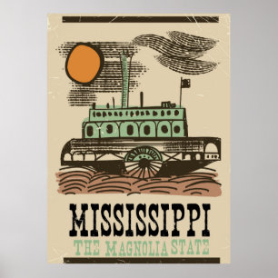 Mississippi river boat vintage travel poster