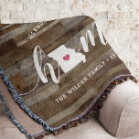 Missouri Home State Personalized Wood Look Throw Blanket<br><div class="desc">Show some home state pride with this cute rustic faux wood plank throw blanket featuring "home" in white calligraphy script lettering with a silhouette map of the state of Missouri standing in for the letter "O." A pink heart illustration inside the state map completes the design; you can change the...</div>