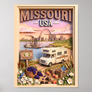 Missouri Road Trip Gateway Arch Textured Skyline Poster