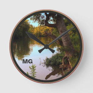 Missouri Shoal Creek Dusk Photo Monogram Round Clock