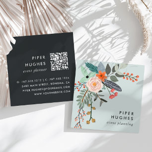 Mist   Boho Floral QR Code Square Business Card