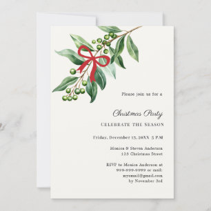 Misteltoe greenery red bow ivory Christmas Party Invitation