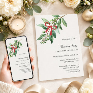 Misteltoe greenery red bow ivory Christmas Party Invitation