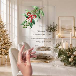Misteltoe greenery red bow luxury Christmas Party Acrylic Invitations
