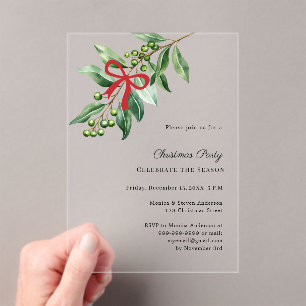 Misteltoe greenery red bow luxury Christmas Party Acrylic Invitations