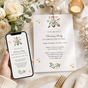 Misteltoe red bow minimalist Christmas Party Invitation