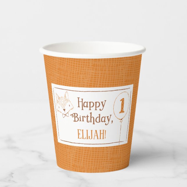 Mister Fox Orange White 1st Birthday Personalised  Paper Cups (Front)