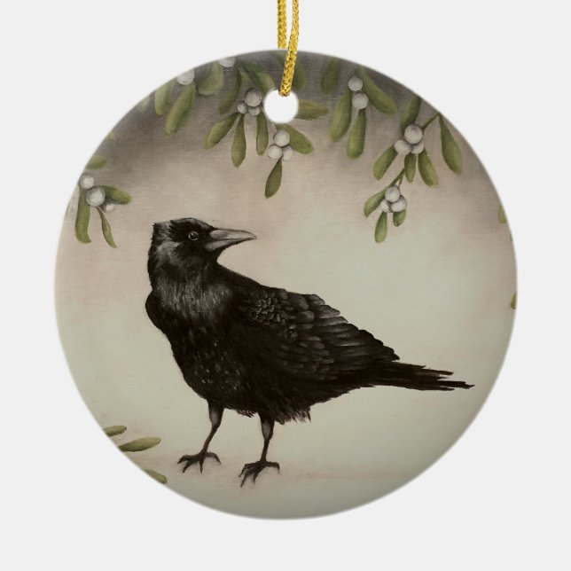 Mistletoe and Crow Ceramic Ornament (Front)