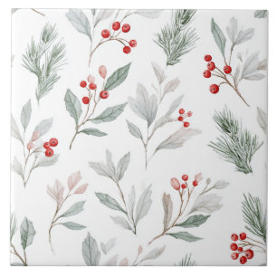 Mistletoe and Holly Berries Pattern Ceramic Tile