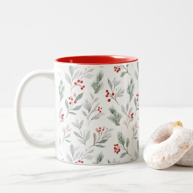 Mistletoe and Holly Berries Pattern Two-Tone Coffee Mug (With Donut)